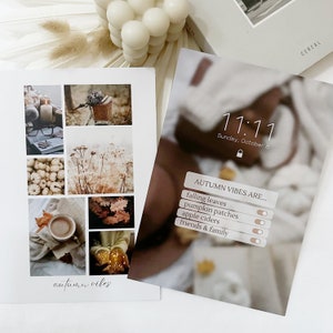 May include: A collage of images with an autumn theme. The images include a bicycle with a basket, a cup of coffee, a bowl of apples, and a field of flowers. The text "autumn vibes" is written at the bottom of the collage. The second image is a phone screen with the time 11:17 and the text "AUTUMN VIBES ARE..." with a list of items including "falling leaves", "pumpkin patches", "apple ciders", and "friends & family".