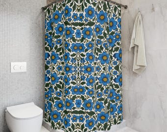 Blått duschdraperi med blommotiv, förgätmigej | Inspirerad av William Morris