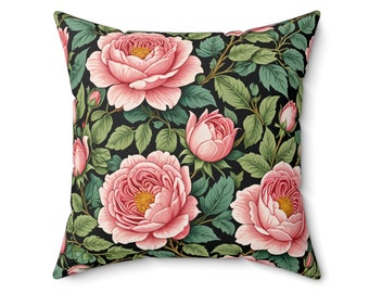 William Morris Inspired Pink Roses Pillow | Floral Vintage Pattern | Decorative throw cushion