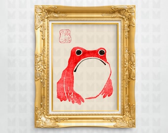 松本宝司作「無感動なカエル」木版画、日本の木版画、侘び寂びの壁掛け