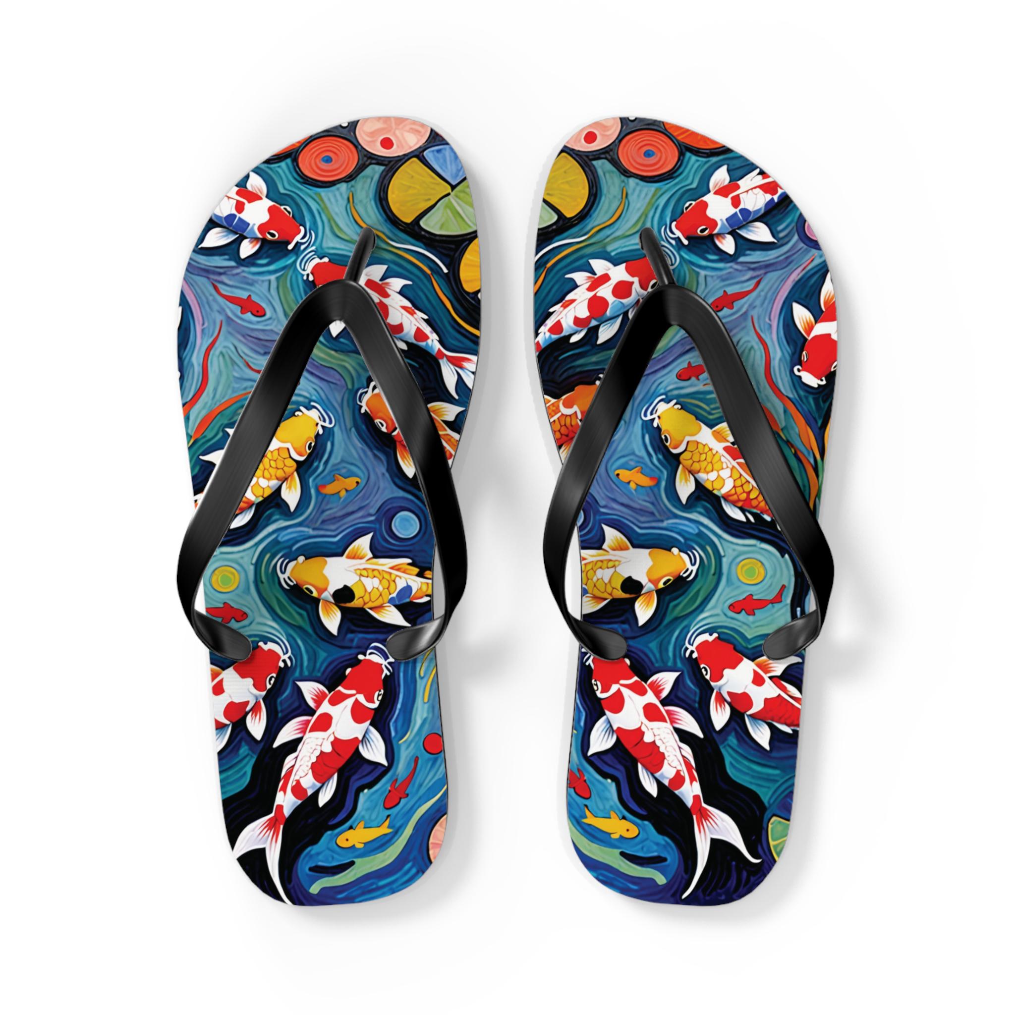 Flip Flops, Colorful Koi Fish Pond Design, Beach Sandals, Summer ...