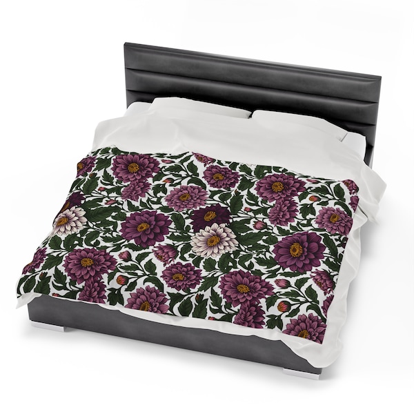 Velveteen Plush Blanket, William Morris Inspired Purple Zinnia Flowers, Boho Blanket, Couch Blanket, Grandma Blanket, Floral Blanket