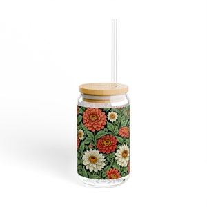 Red and White Zinnia Flowers Sipper Glass, 16oz, William Morris Inspired Red and White Zinnia Flowers