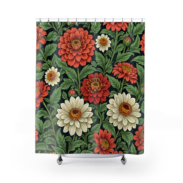 Floral Curtain, William Morris Inspired Red and White Zinnia Flowers, Art Shower Curtain, Boho Shower Curtain, Shower Curtains Vintage