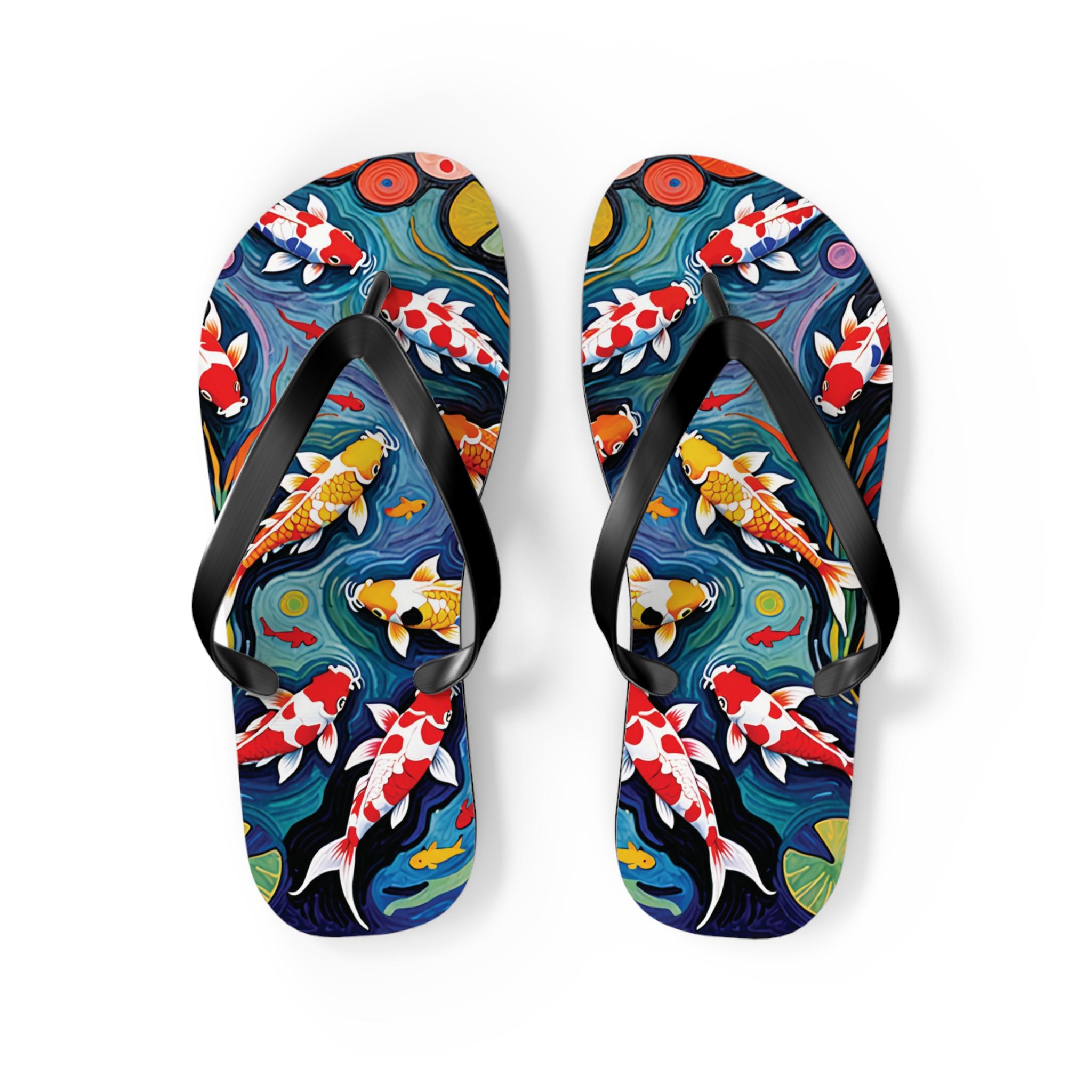 Flip Flops, Colorful Koi Fish Pond Design, Beach Sandals, Summer ...