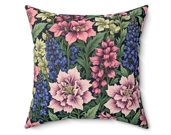 Cojín inspirado en las flores de boca de dragón rosas y moradas de William Morris