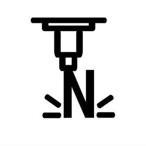 May include: A black and white icon depicting a laser cutting machine. The machine is positioned above the letter "N", with sparks emanating from the point of contact. The design is simple and modern, suitable for various applications.