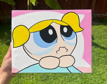 Bubbles 10x8 acrylic painting canvas powerpuff girls crying in bed meme cartoon tv show