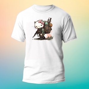 May include: White t-shirt with a cartoon image of a Hello Kitty character dressed as a soldier carrying a backpack and a rifle.