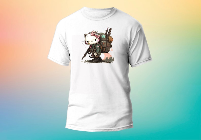May include: White t-shirt with a cartoon image of a Hello Kitty character dressed as a soldier carrying a backpack and a rifle.