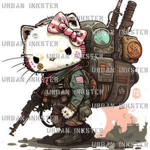 May include: A white cartoon cat with a pink bow and a large backpack, holding a rifle. The cat is wearing a green and brown military uniform with a US flag patch. The background is a desert landscape with a large ship in the distance.