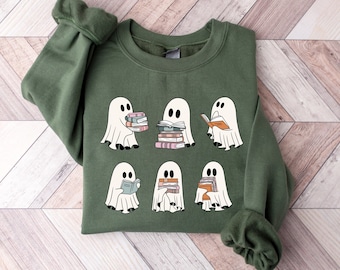 Cute Ghosts Reading Books Sweatshirt, Ghosts Reading Book Halloween Sweater, Book Lovers Halloween Gift, Ghosts Halloween Girly Sweater