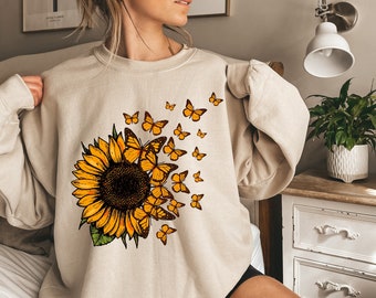 Beautiful Sunflower And Flying Butterflies Sweatshirt, Cute Sunflower Sweater, Sunflower And Flying Butterflies Tee, Cute Gift For Women