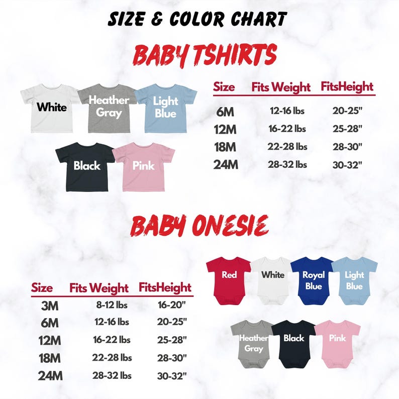 a baby ones size and color chart on a marble background