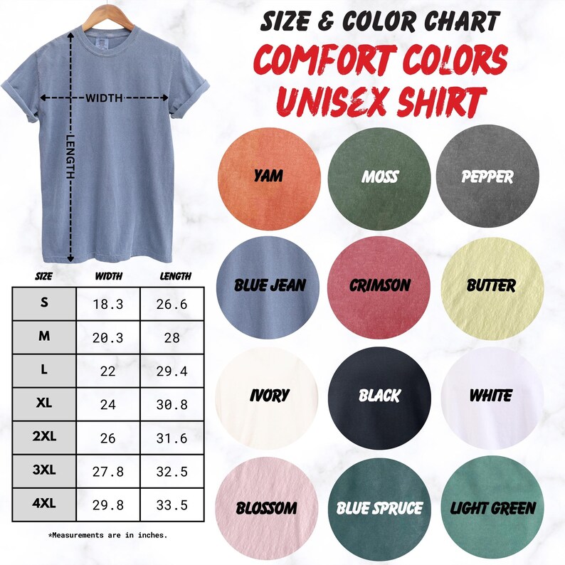 a t - shirt size guide for a comfort colors unisex shirt