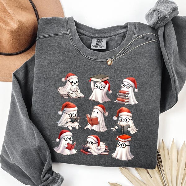 Comfort Colors® Cute Ghost Reading Book Christmas Sweatshirt, Ghost Reading Book Girly Shirt, Girly Christmas Gift, Trendy Christmas Gift
