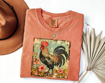 Camiseta con gallo de flores silvestres vintage Comfort Colors®, bonita camiseta con gallo, bonito regalo para mujer, regalo moderno para mujer, camiseta para amantes de los pollos