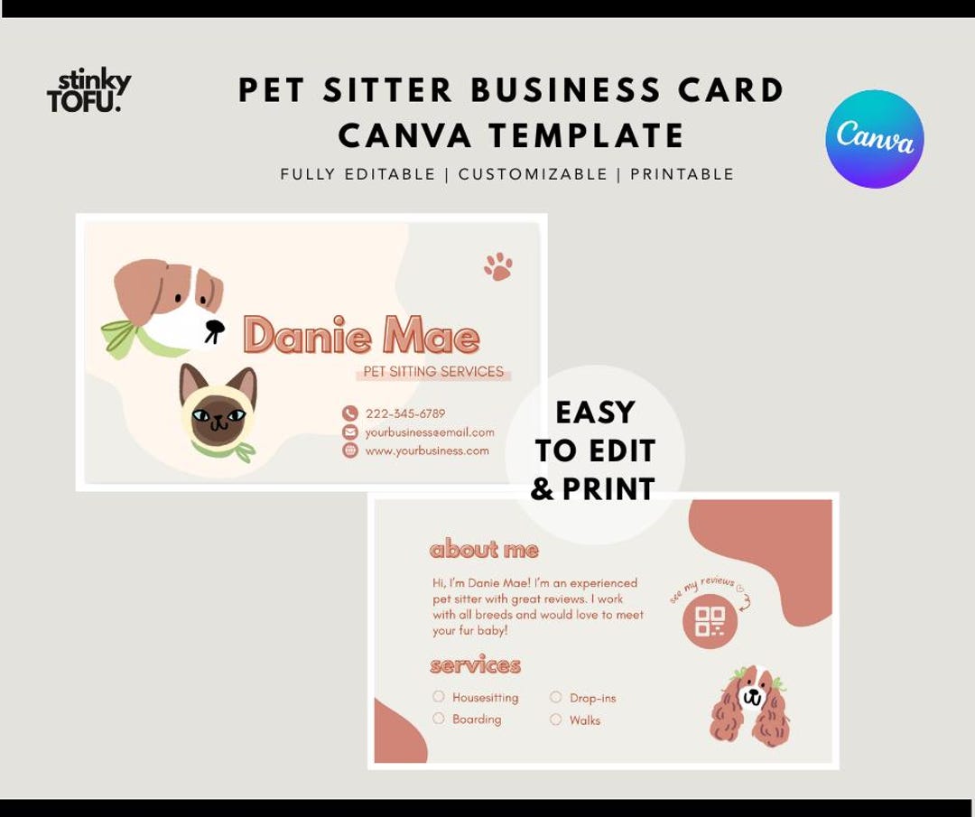 Pet Sitter Business Card Template Canva | Editable Pet Care Business ...
