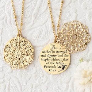 Proverbs 31 25 Empowered Woman Christian Gifts Christian Jewelry Christian Necklace Faith Necklace She is clothed in strength and dignity