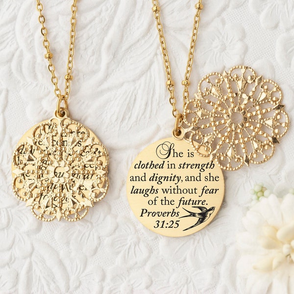 Proverbs 31 25 Empowered Woman Christian Gifts Christian Jewelry Christian Necklace Faith Necklace She is clothed in strength and dignity