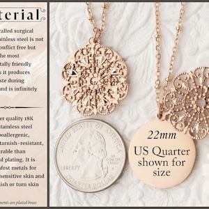 May include: Rose gold filigree pendant necklaces with delicate chain. The image includes a US quarter for size reference, with the text "22mm US Quarter shown for size". The material is 18K PVD plated stainless steel.