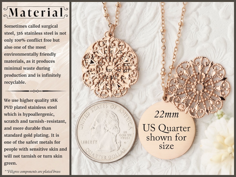 May include: Rose gold filigree pendant necklaces with delicate chain. The image includes a US quarter for size reference, with the text "22mm US Quarter shown for size". The material is 18K PVD plated stainless steel.