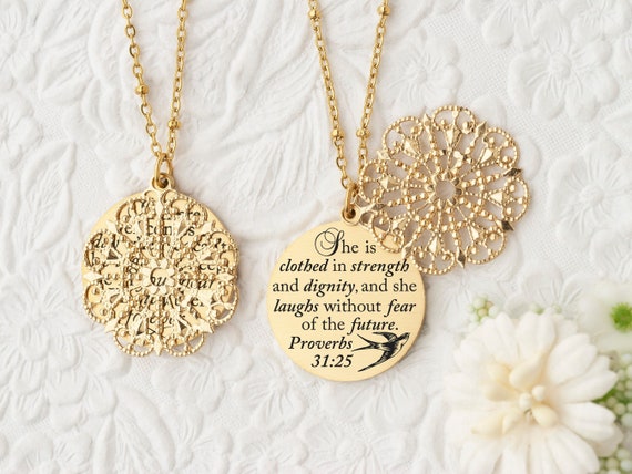 She is clothed in strength and dignity Proverbs 31 25 Empowered Woman Christian Gifts Christian Jewelry Christian Necklace Faith Necklace