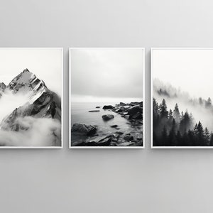 Wall Art, Wall Decor, Printable Wall Art, 3 Piece Wall Art, Mountain Wall Art, Gallery Wall Set, Black and White, Modern Wall Art