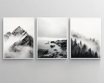 Op de afbeelding: Een set van drie zwart-wit landschapsfoto's. De eerste afbeelding toont een besneeuwde bergtop met wolken. De tweede afbeelding toont een rotsachtige kustlijn met een waterlichaam op de achtergrond. De derde afbeelding toont een bos met mist.