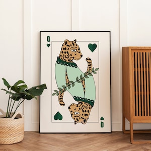 cheetah poster, hartenkoningin speelkaart, groen grafisch kunstdecor aan de muur, girly kamerdecor esthetisch, print voor digitale download
