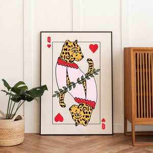 cheetah poster, queen of hearts playing card, pink and red graphic wall art decor, girly room decor aesthetic, print for digital download