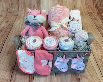 Baby Girl Gift Basket: Blanket, Bodysuits & Plush Elephant