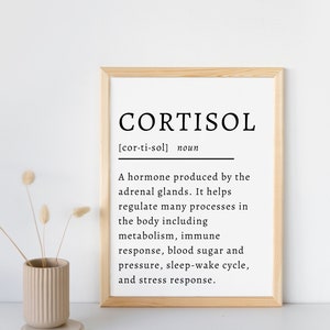 Peut inclure: Une impression encadrée avec un fond blanc et du texte noir définissant le mot "Cortisol" comme une hormone produite par les glandes surrénales. Le texte explique que le cortisol aide à réguler de nombreux processus dans le corps, notamment le métabolisme, la réponse immunitaire, la glycémie et la pression artérielle, le cycle veille-sommeil et la réponse au stress.