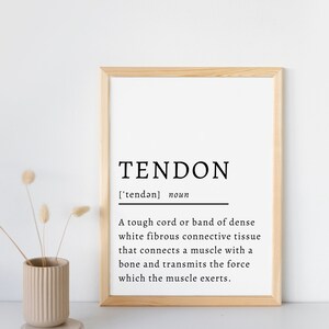 May include: A black and white printable wall art print with the word "Tendon" in bold, followed by the phonetic spelling and definition of the word. The print is framed in a light wood frame.