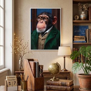 May include: A framed portrait of a chimpanzee wearing round spectacles, a white collared shirt, a dark patterned cravat, a tan vest, and a dark green coat. The chimpanzee has a grey beard and is set against a dark blue background.