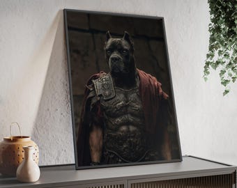 Cane Corso Gladiator Framed Poster | Roman Warrior Dog Wall Art | Cane Corso Gift | Fantasy Dark Art Print with Wooden Frame