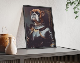 Muurkunst bokserhond ridder in harnas, middeleeuwse huisdier krijger - ingelijste poster