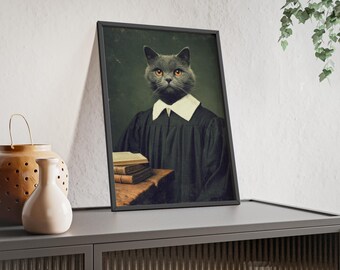 Poster Viktorianisches Katzen Portrait mit Holzrahmen | Anthropomorphe Tierkunst