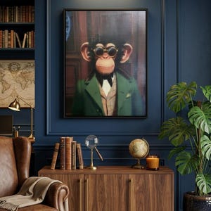 Dapper Monkey Portrait Poster with Wooden Frame | Vintage Gentleman Chimp Print