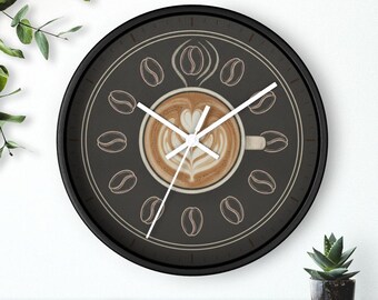 Reloj de pared Rosetta Heart Latte, esfera con diseño de taza de café y arte latte, decoración para cafetería o cocina, silencioso, 25 cm, marco negro.