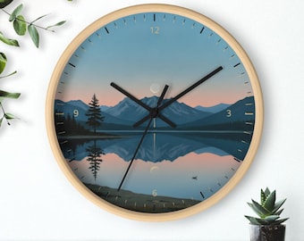 Reloj de pared con diseño de lago de montaña, esfera con paisaje reflejado en espejo, vistas a picos y pinos al atardecer, silencioso, 25 cm, marco de madera.