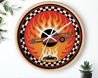 Reloj de pared retro estilo hot rod, esfera con llamas de carreras de aceleración, borde de bandera a cuadros, silencioso, 25 cm, marco de madera.