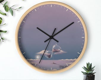 Reloj de pared con forma de reloj de arena derretido, arte surrealista onírico, cielo crepuscular en tonos pastel, silencioso, 25 cm, marco de madera.