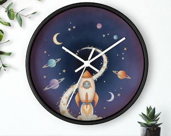 Reloj de pared espacial, silencioso, 25 cm, marco de madera, envío gratis.