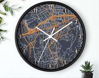 Reloj de pared de Asheville, mapa de Asheville, arte de Asheville, Carolina del Norte, mapa de calles de la ciudad, silencioso, 25 cm, marco negro, envío gratis.