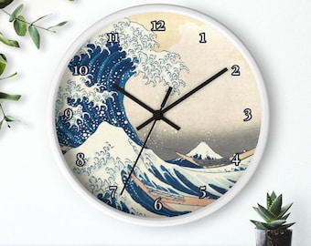 Reloj de pared La Gran Ola, La Gran Ola de Hokusai, arte japonés en madera, arte de la Gran Ola, silencioso, 25 cm, marco blanco, envío gratis.