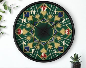 Reloj de pared Art Déco para casino, diseño de cartas en forma de corazón, ideal para salas de póker, regalo perfecto para noches de juegos, silencioso, 25 cm (10 pulgadas), envío gratis.