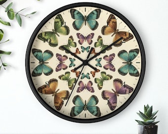 Reloj de pared con forma de mariposa, arte vintage de entomología, lámina de colección de mariposas, regalo para amantes de la naturaleza, silencioso, 25 cm, envío gratis.