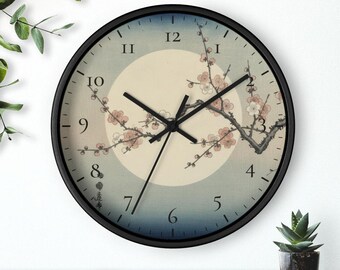 Reloj de pared Flor de Ciruelo, Arte japonés en madera, Luna de Flor de Ciruelo, Reloj de decoración zen, Silencioso, 25 cm, Envío gratis