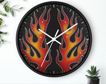 Reloj de pared Hot Rod Flames, esfera con efecto de llamas aerografiadas, decoración para garaje de carreras, silencioso, 25 cm, marco negro.
